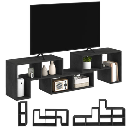 TV Unit 75" max Modular TV Stand with 2 L-Shaped Shelves and Rectangular Shelf, Wooden, 134-180x30.5x44 cm, Black