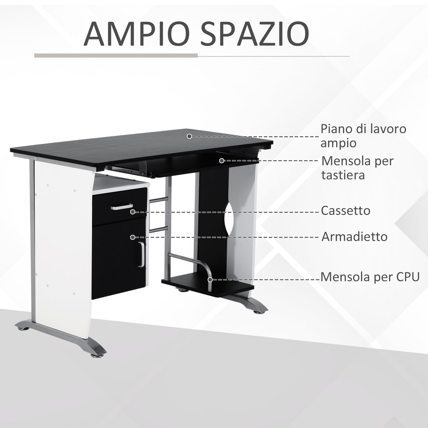 Homcom computer desk with shelf, drawer and locker, in mdf and iron, 100x52x75 cm, white and black - Borgè