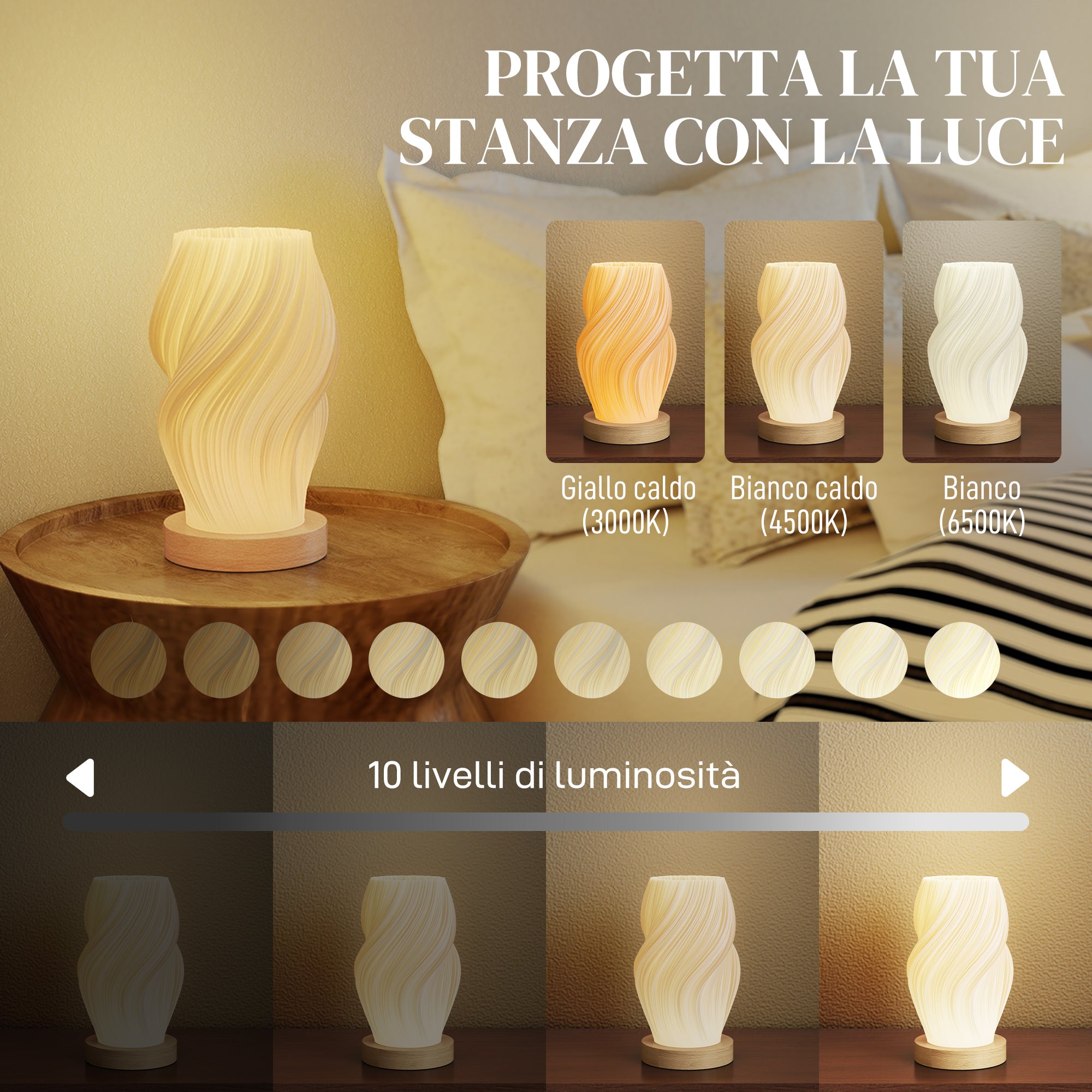 3-Color Wavy Table Lamp with USB Port, ABS and Rubber, Ø12x20 cm, White and Wood Color