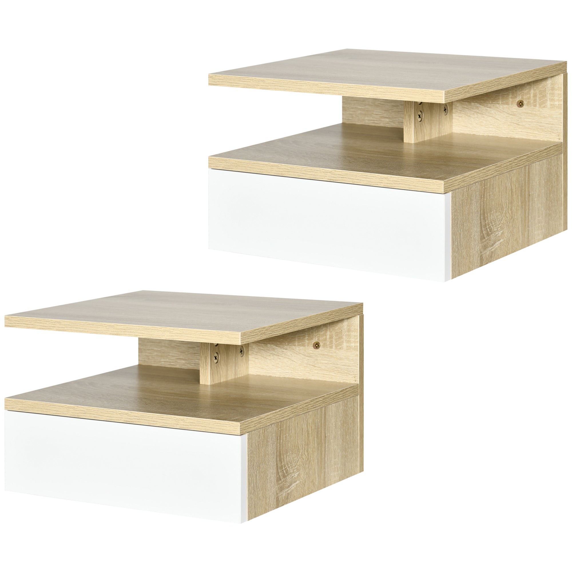HOMCOM Set of 2 Suspended Bedside Tables with Drawer and Upper Shelf, in Wood, 35x32x22.5 cm, White and Oak - Borgè