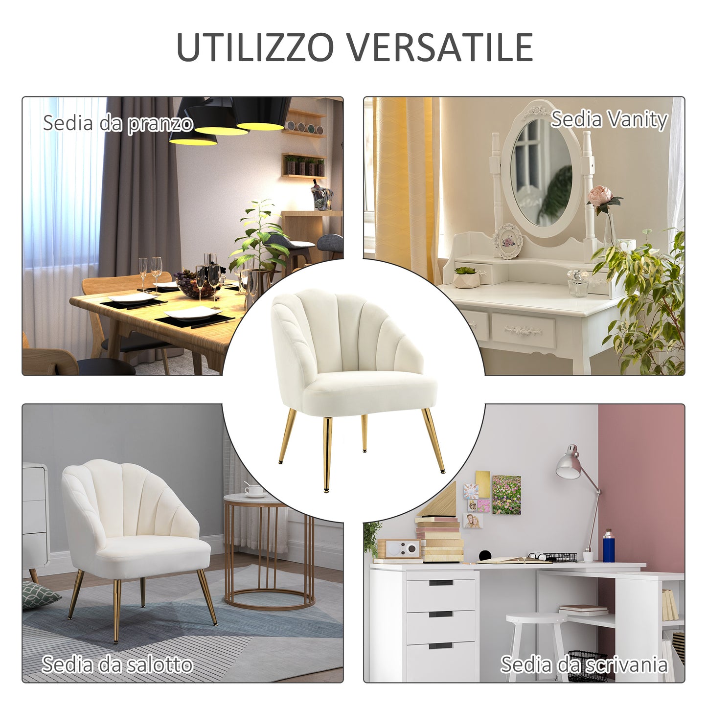 Velvet Upholstered Chair with Shell Backrest for Bedroom and Living Room, 63x65x84cm, Beige