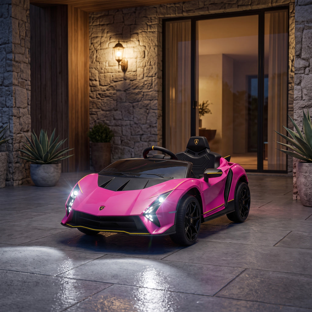 AIYAPLAY Electric Ride-On Car for Kids 3-6 Years Old, 12V Authentic Lamborghini with 2 Motors, Scissor Door, Suspension, Pink