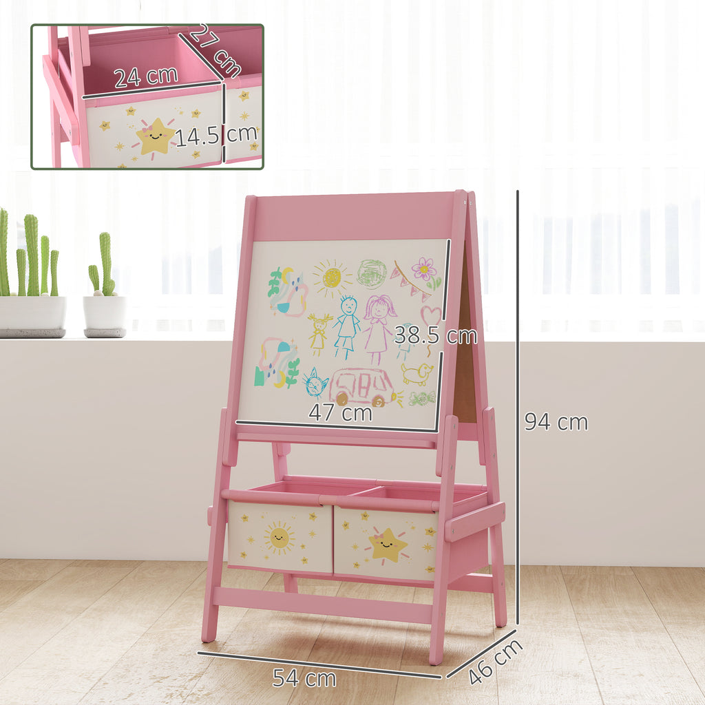 3-in-1 Children's Chalkboard with Easel, Paper Roll and 2 Baskets, Wooden, 54x46x94 cm, Pink