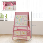 3-in-1 Children's Chalkboard with Easel, Paper Roll and 2 Baskets, Wooden, 54x46x94 cm, Pink