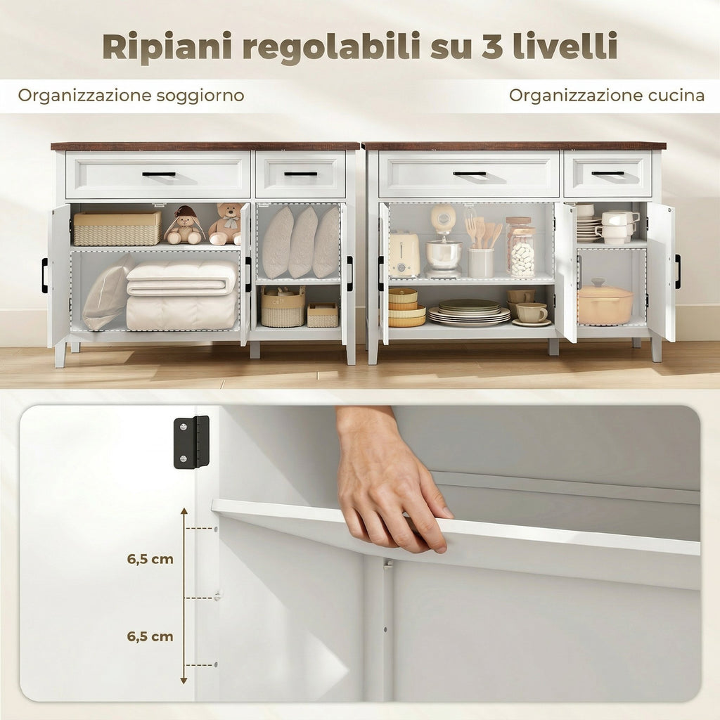 HOMCOM Wooden Kitchen Sideboard with 3 Barn Doors, 2 Drawers and 2 Adjustable Shelves, White
