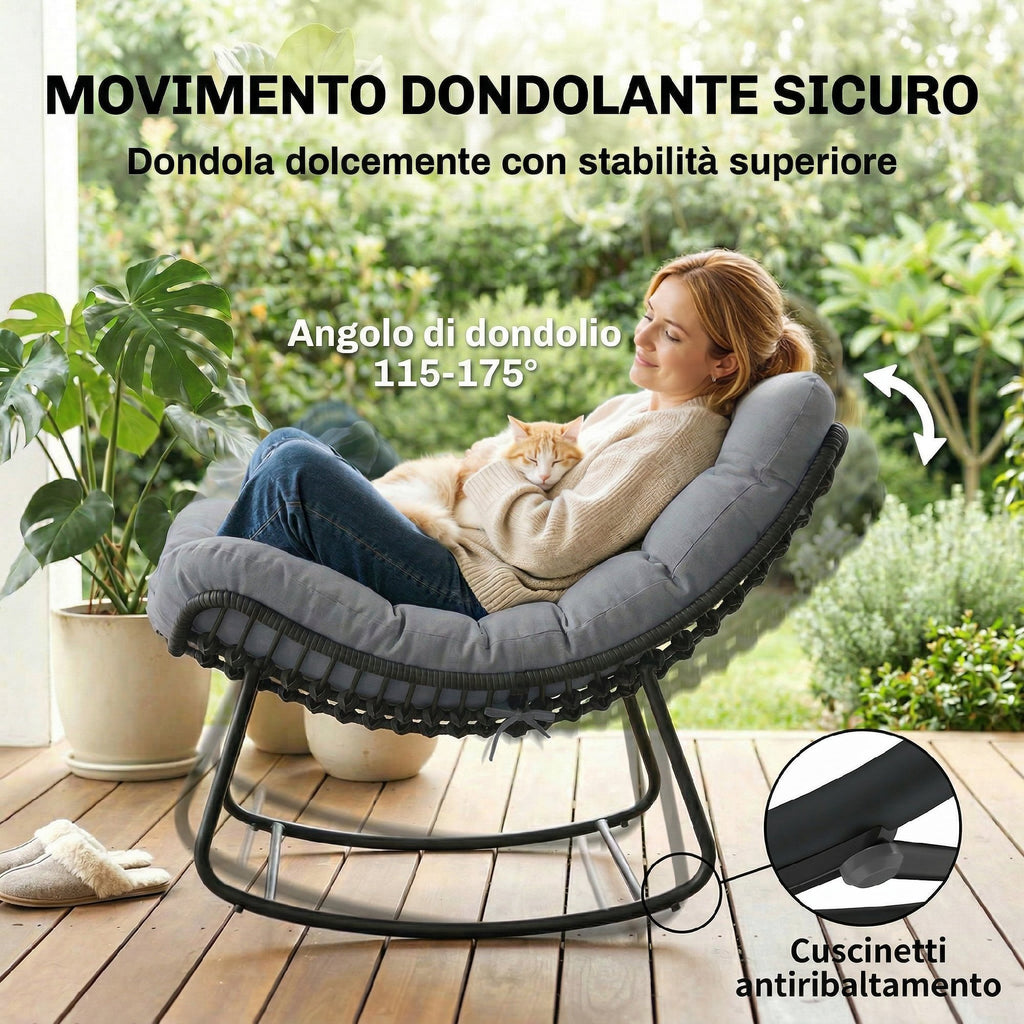 Outsunny Rattan Rocking Chair with Soft Cushion for Garden, Balcony, Dark Grey