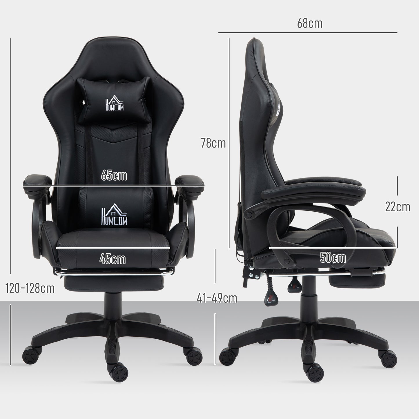 125° Reclining Gaming Chair with Massage in Faux Leather with Footrest, 65x68x120-128 cm, Black