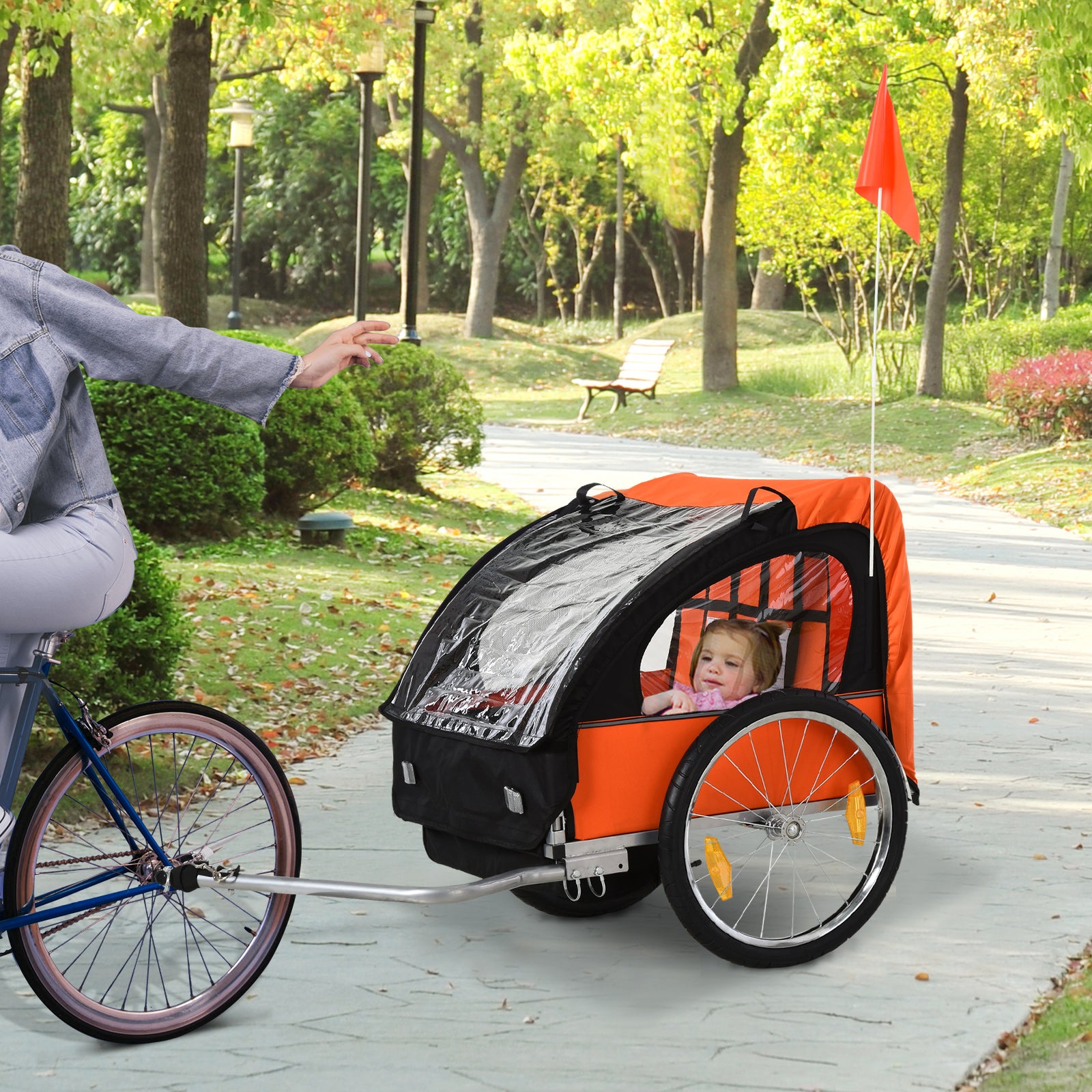 Children's Bike Trailer with 2 Seats, 2 Safety Belts, Steel Frame and Orange Oxford Fabric Cover