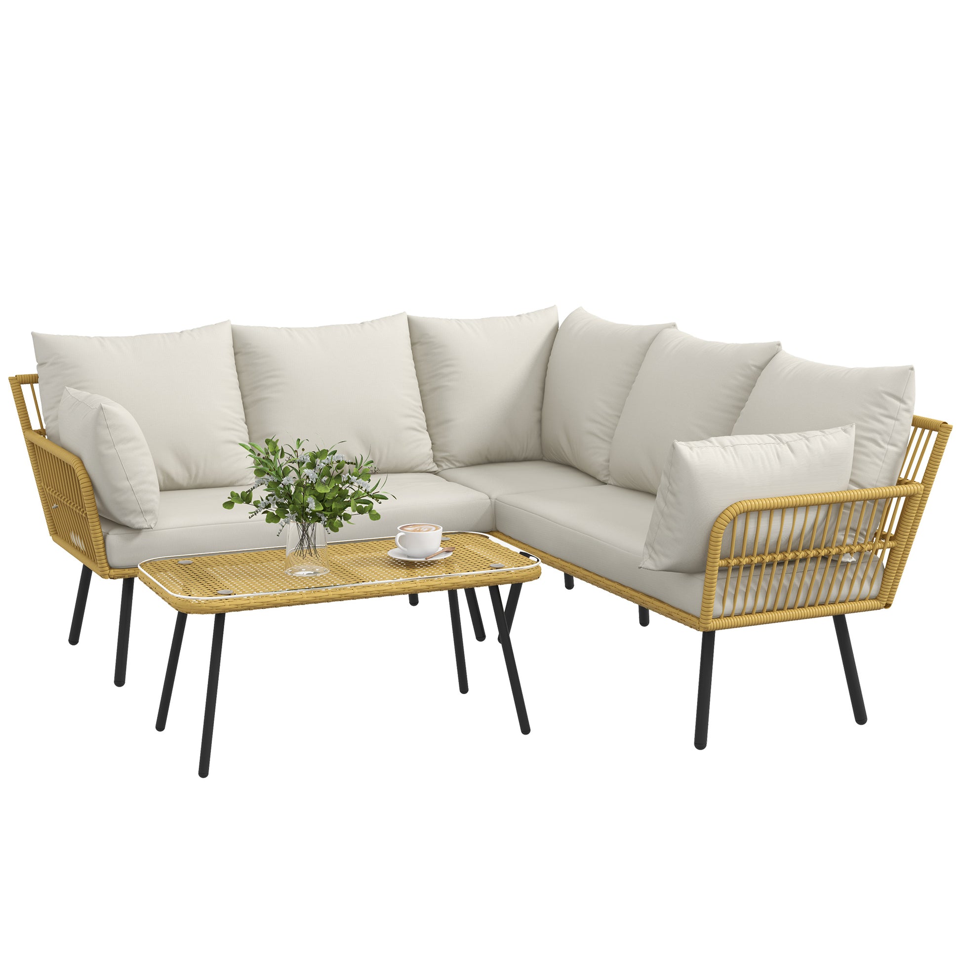 4-Piece Garden Set in PE Rattan with Outdoor Table 90x45x42 cm and 2 Outdoor Sofas 6x63x74 cm, Cream White - Borgè