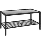 Outsunny 2-Tier Coffee Table with Tempered Glass Top and Shelf, Steel and Rattan, 92x50x45 cm, Black