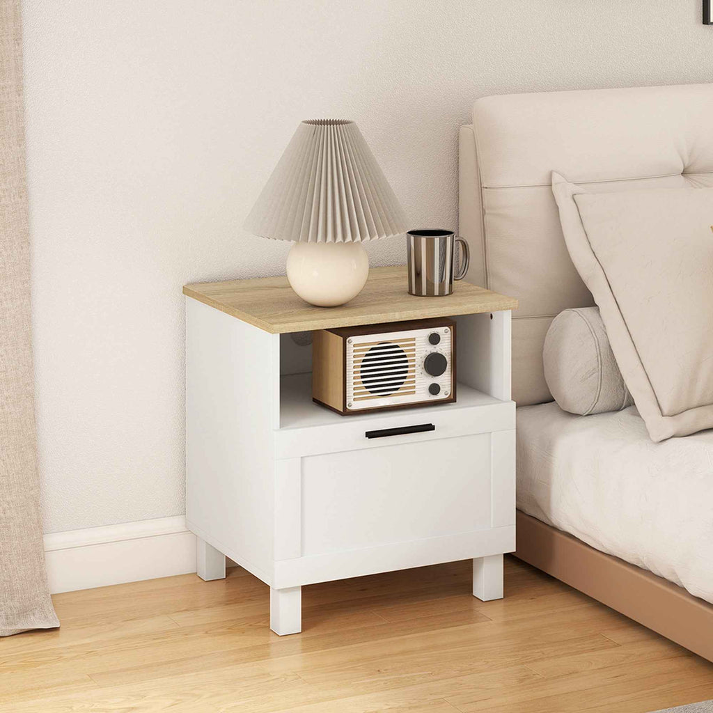 HOMCOM Modern Bedside Table with Drawer and Wooden Shelf, 45x38x50 cm, White and Wood Color