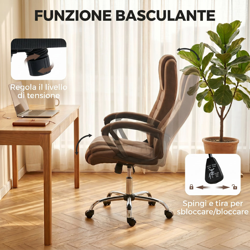 Vinsetto Ergonomic Reclining and Swivel Office Chair in Linen Effect Fabric with Headrest, Brown