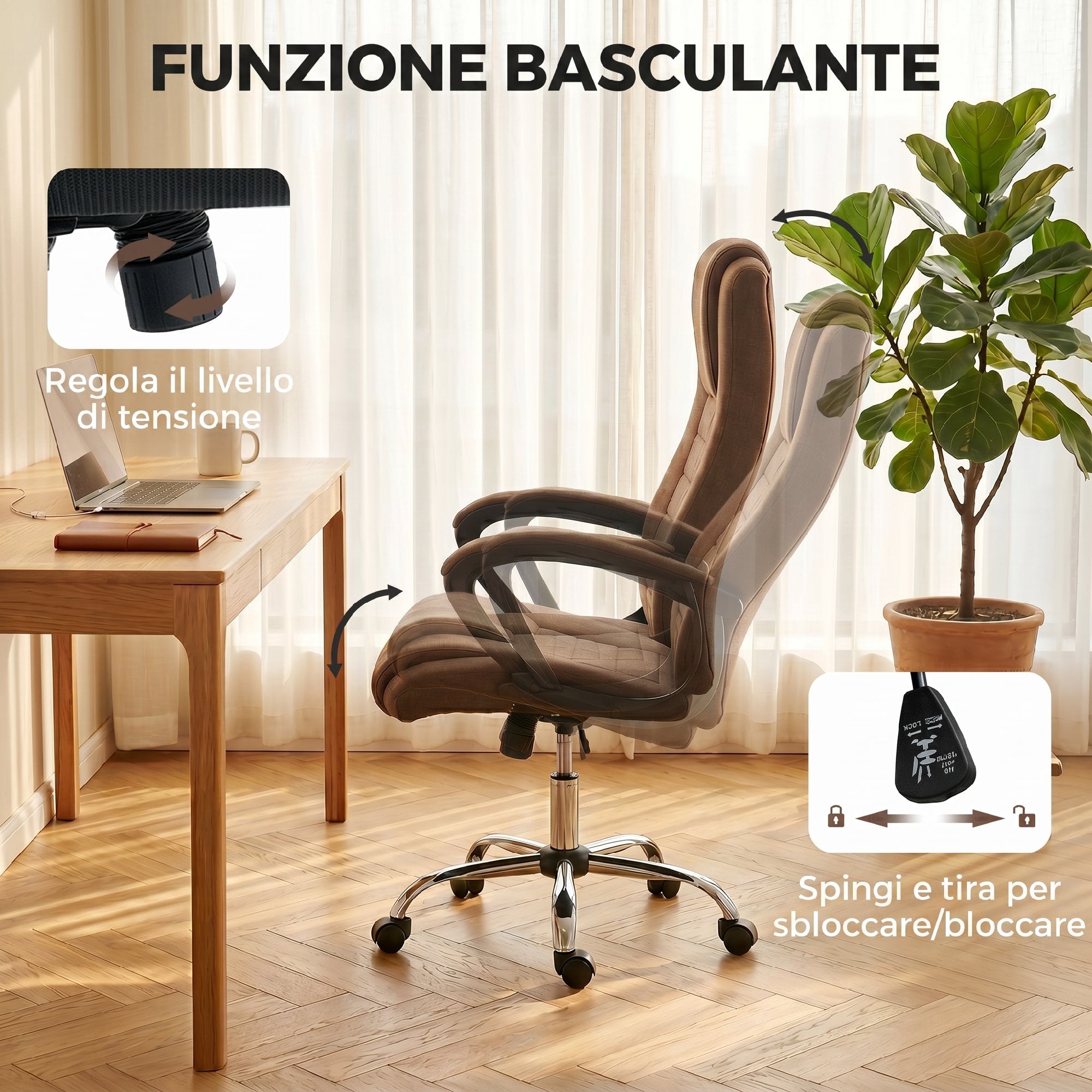 Vinsetto Ergonomic Reclining and Swivel Office Chair in Linen Effect Fabric with Headrest, Brown