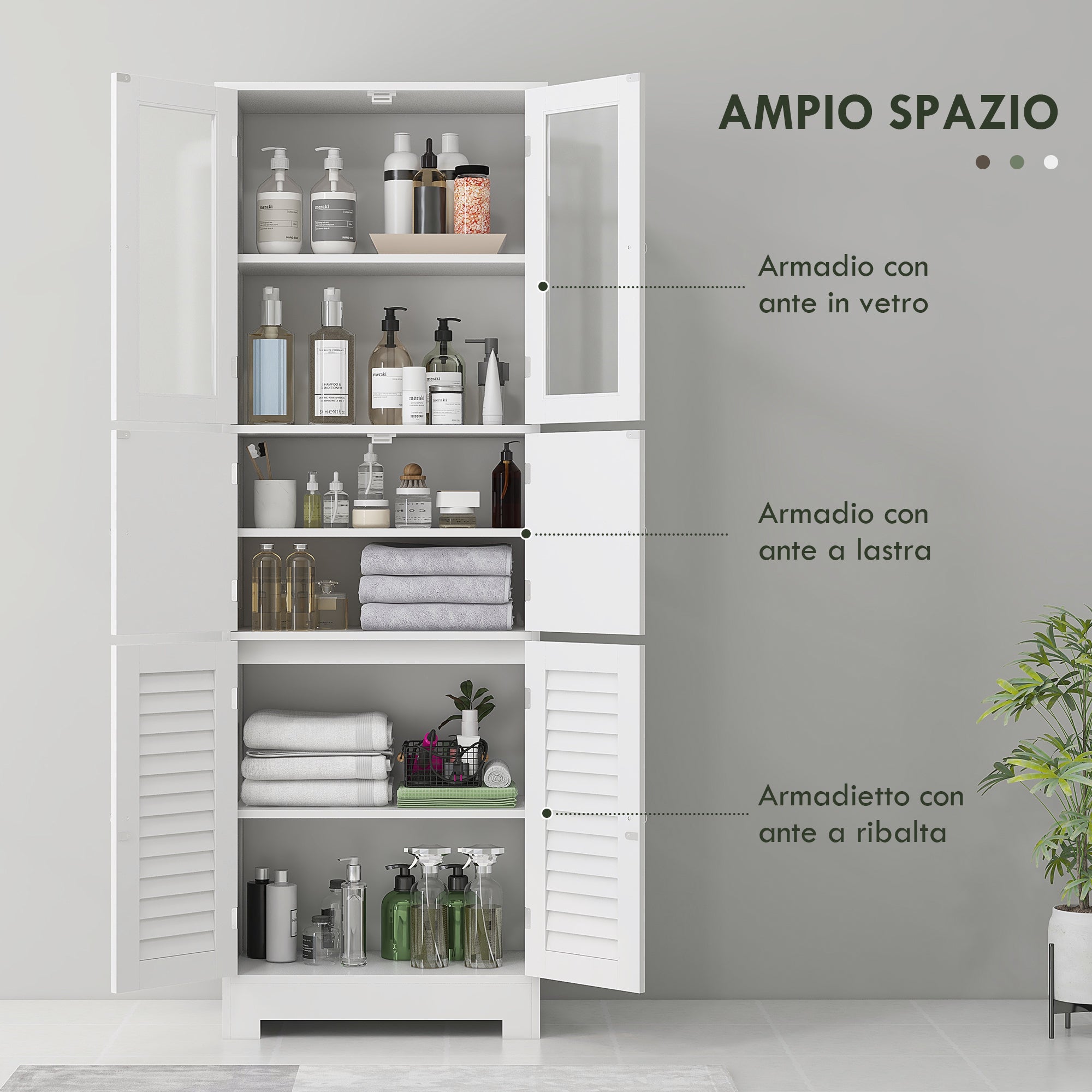 Bathroom Cabinet Column with 3 Cabinets and Glass Doors and Shutters, 60x30x170.5cm, White