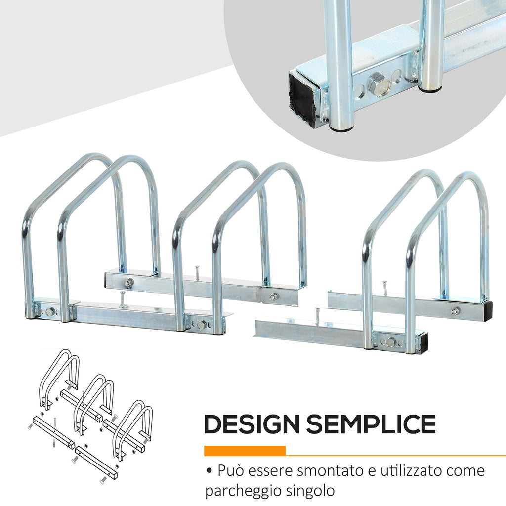 Floor or Wall Mounted Bike Rack, Steel Bike Storage for 3 Bikes, Wheels up to 55 mm, 70.5 x 33 x 27 cm, Silver