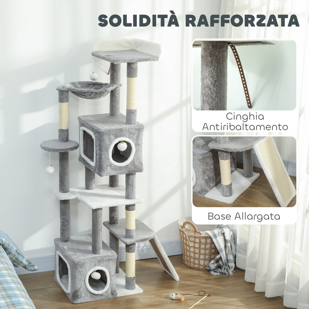 Cat Tree with 2 Cat Houses, Ramp, Perches and 4 Balls, 48x40x165 cm, Grey and White