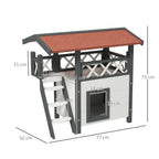 PawHut Outdoor Cat House with Terrace and Wooden Ladder, 77x50x73cm, White and Gray - Borgè