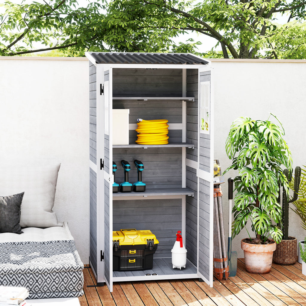 Wooden Garden Shed with Adjustable Shelves, Two Locking Doors and Windows, Grey