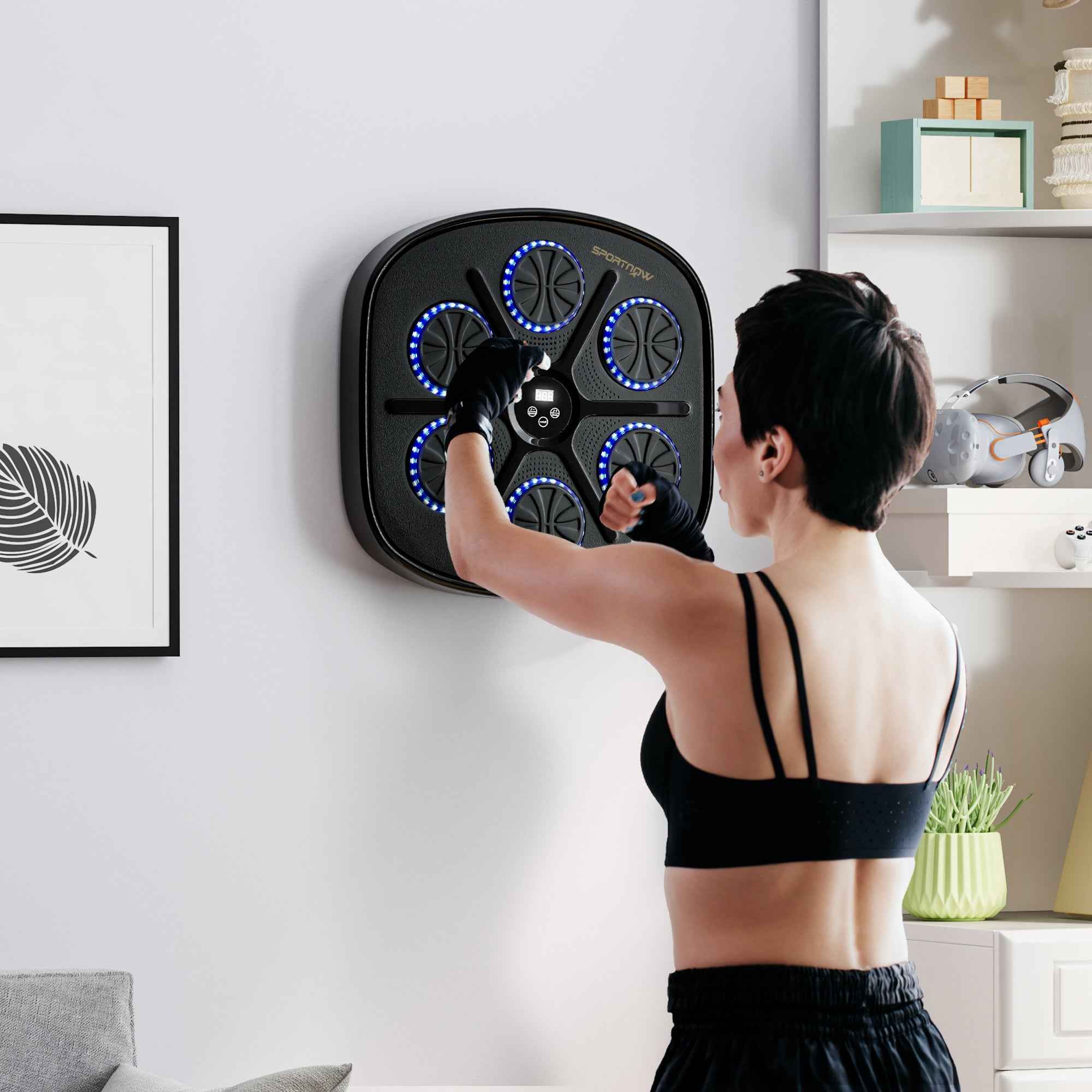 SPORTNOW Wall-Mounted Musical Boxing Machine with 9 Speeds, Bluetooth Connection and Gloves, 41.8 x 44.6 x 7.5 cm, Black and Blue