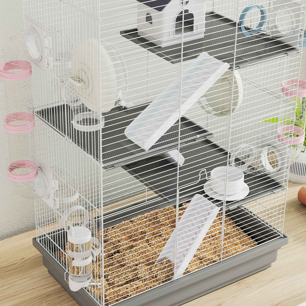 PawHut 4-Tier 16-Tube Hamster Cage with House, Ramp, and Accessories, Metal and Plastic, 47x30x70 cm, Grey