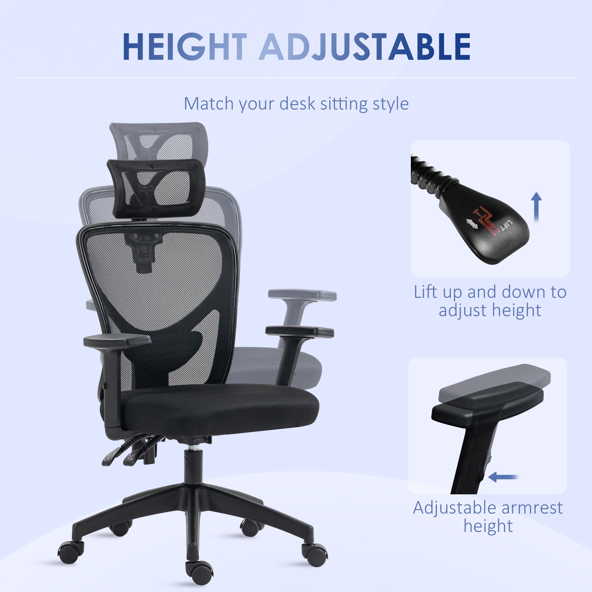 Ergonomic office chair with adjustable height, lumbar support and headrest, 66x61x106-116cm black - Borgè