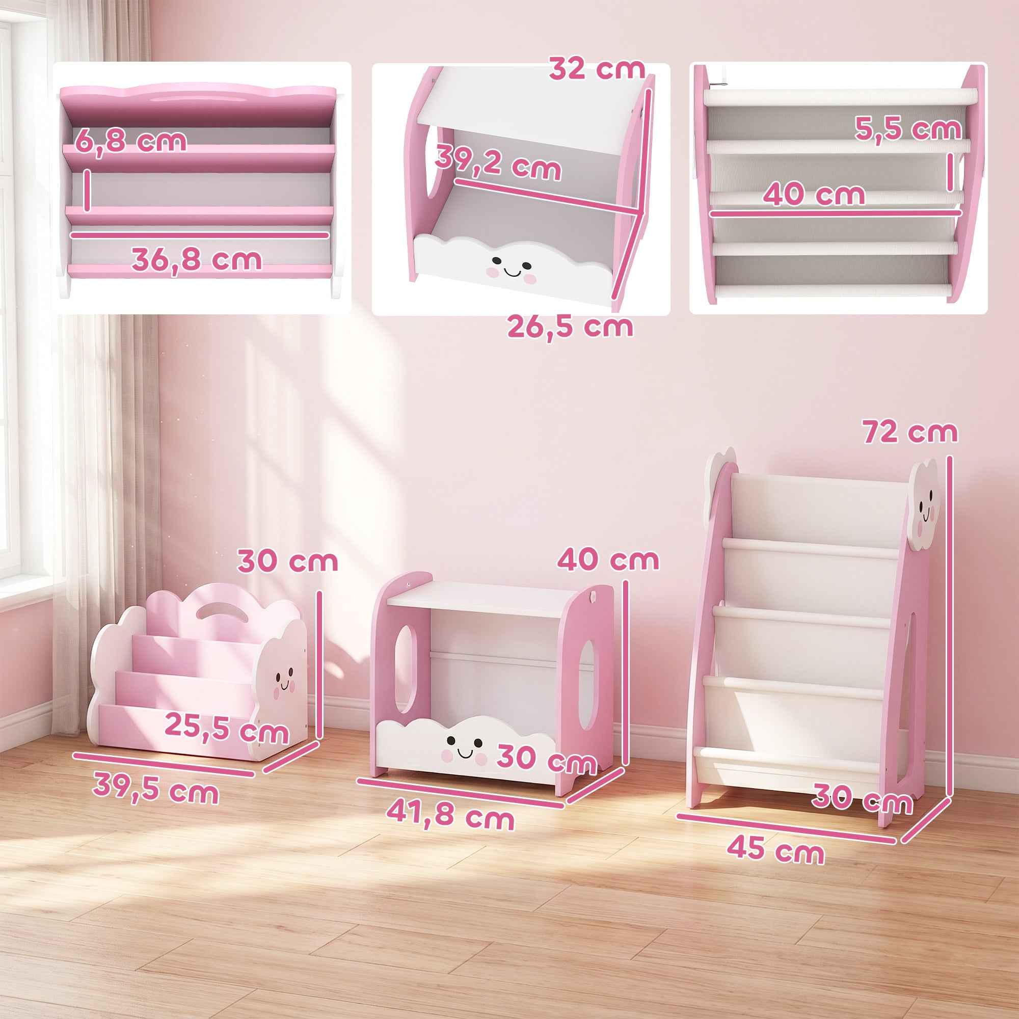 AIYAPLAY Children's Wooden Cabinet with Magazine Rack, 3-Tier Bookcase and Bedside Table, 85.5x32x72 cm, Pink and White
