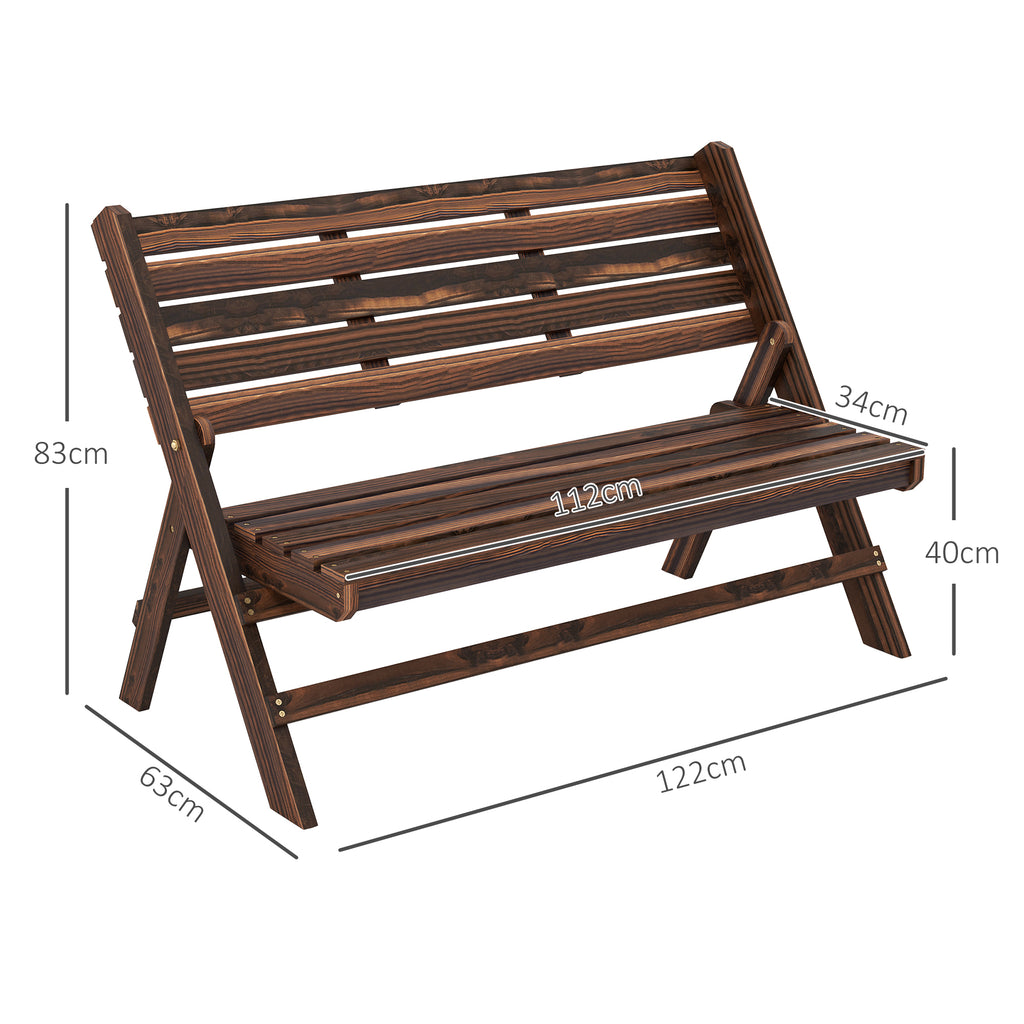 Outsunny 2-Seater Folding Garden Bench with Slatted Pine Wood, 122x63x83 cm, Carbonized