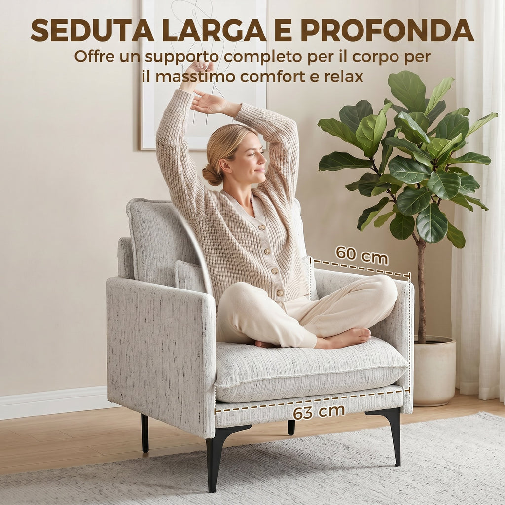 HOMCOM Linen-Effect Fabric Upholstered Living Room Armchair with Lumbar Cushion, White