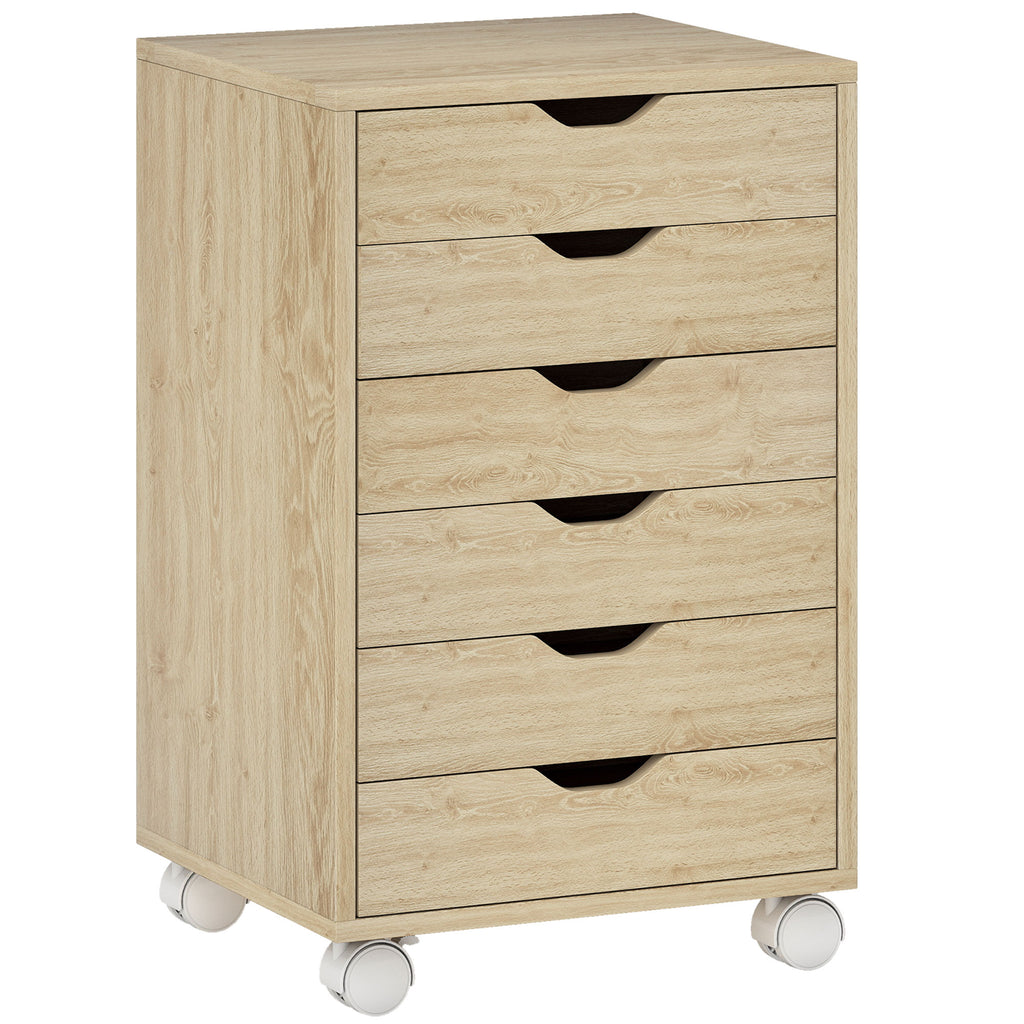 HOMCOM 6-Drawer Office Chest with 4 Wheels and Lock, 40x35x63 cm, Oak