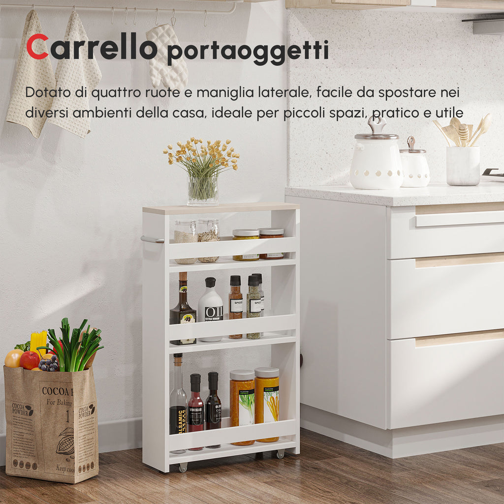 kleankin Space-Saving 3-Tier Bathroom Cart with Wheels and Wooden Handle, 48x15x80cm, White