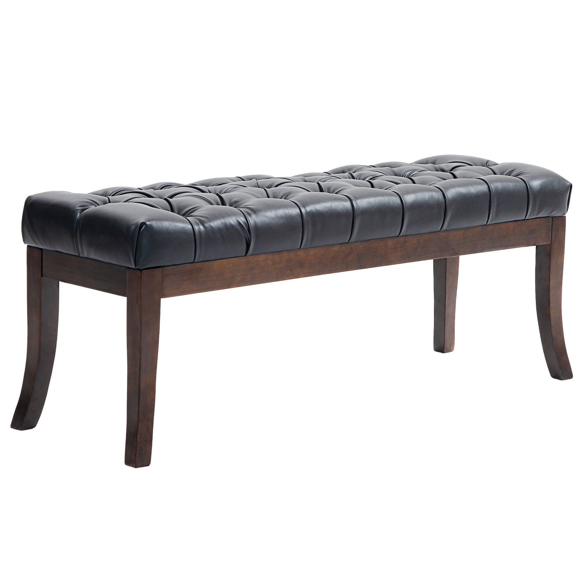 Ottoman Padded Bench with Button Design and Curved Legs, in PU Leather and Wood, 120x38x46 cm, Black - Borgè