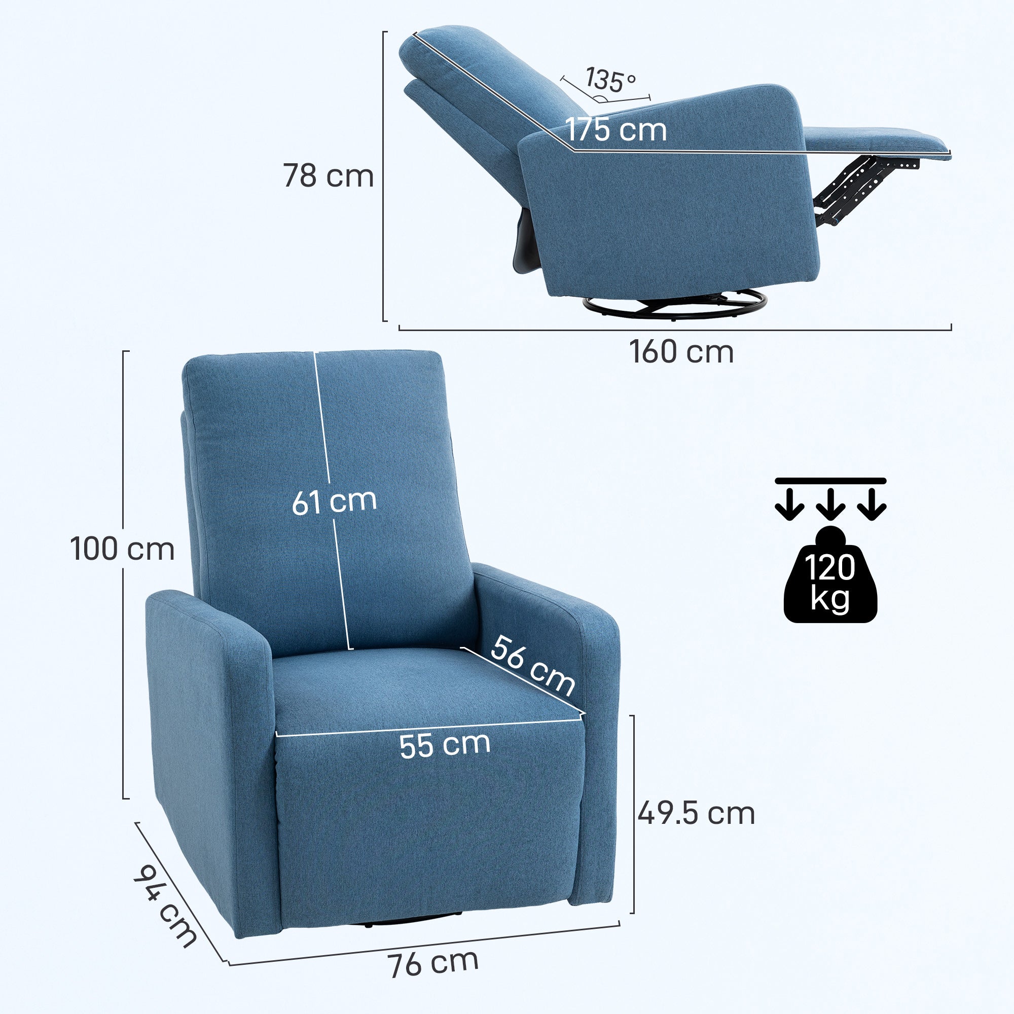 135° Manual Reclining Relaxing Chair, 360° Swivel with Rocking Function, Blue