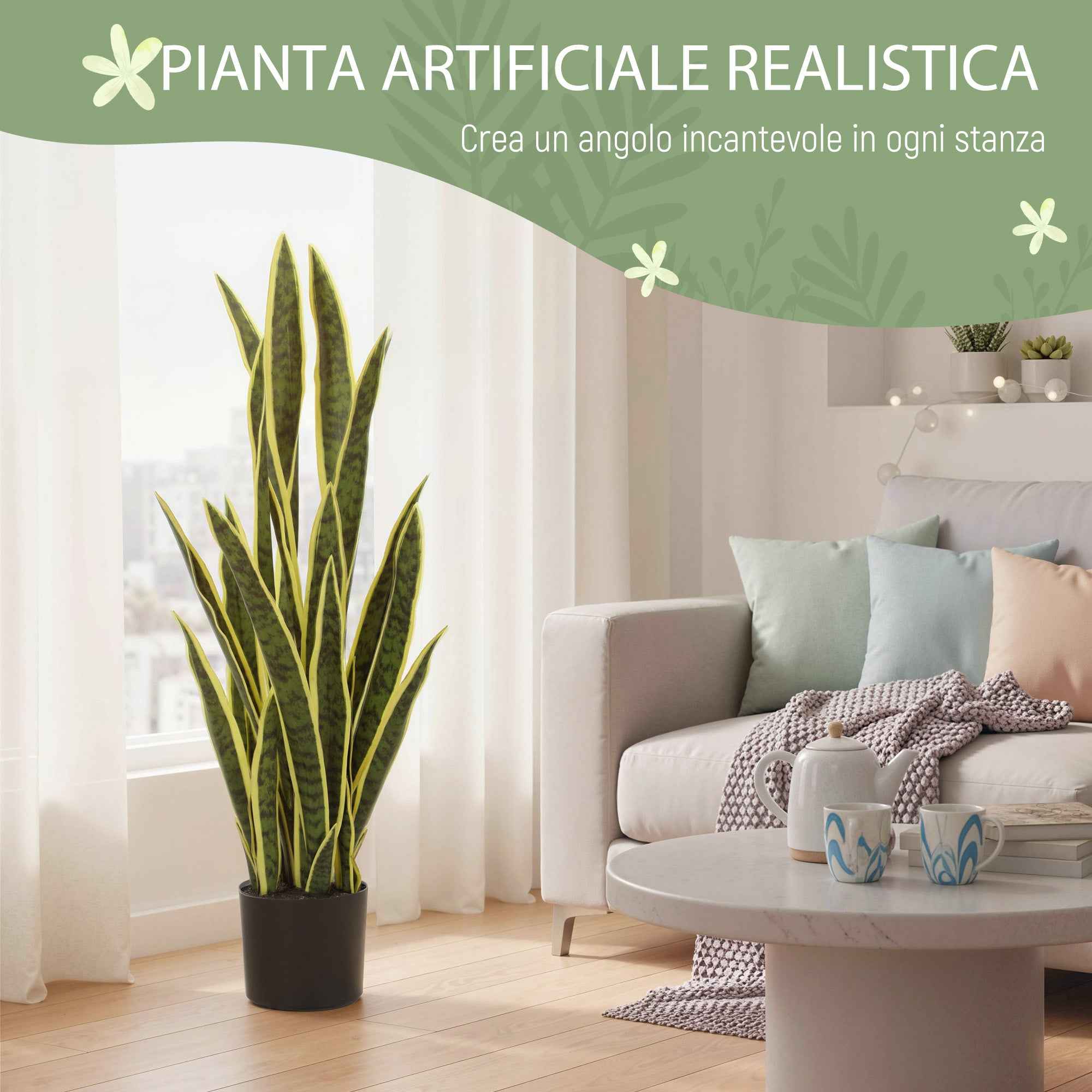 Outsunny Artificial Sanseveria in a Pot for Indoor and Outdoor Use with 21 Mouldable Leaves, Ø20x90 cm