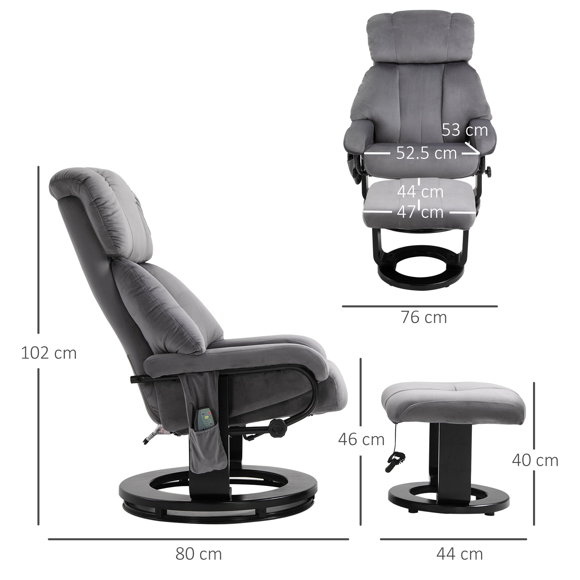 Reclining Massage Chair with Footrest and Remote Control in PU Faux Leather, 76x80x102 cm, Grey