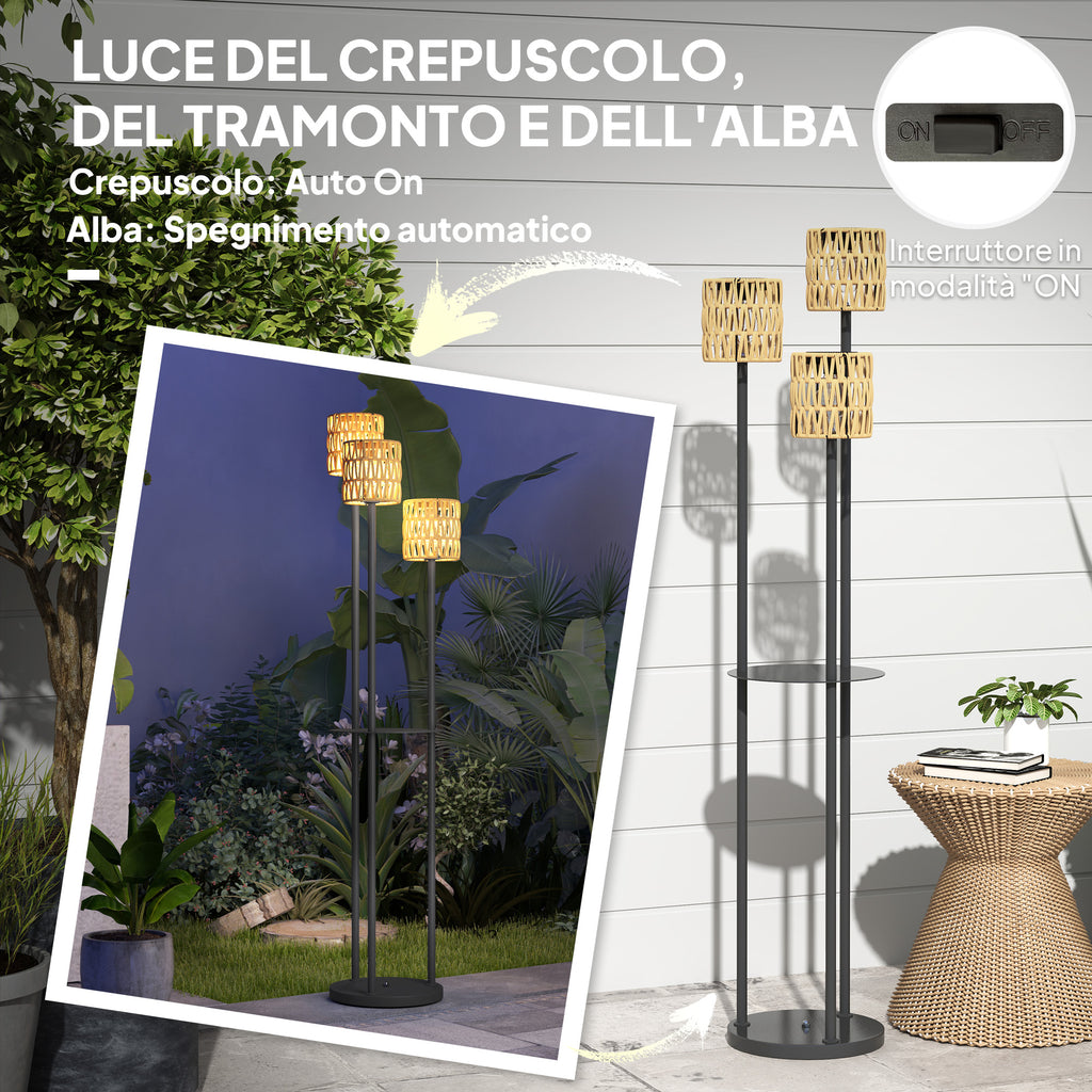 Solar Outdoor Lamp in Boho Style with Central Shelf, in PE Rattan and Steel, Ø37x144 cm, Black and Yellow