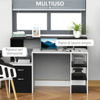 Office Desk with Printer Shelf, 2 Drawers and 3 Shelves, in Black and White MDF, 137 x 55 x 92cm