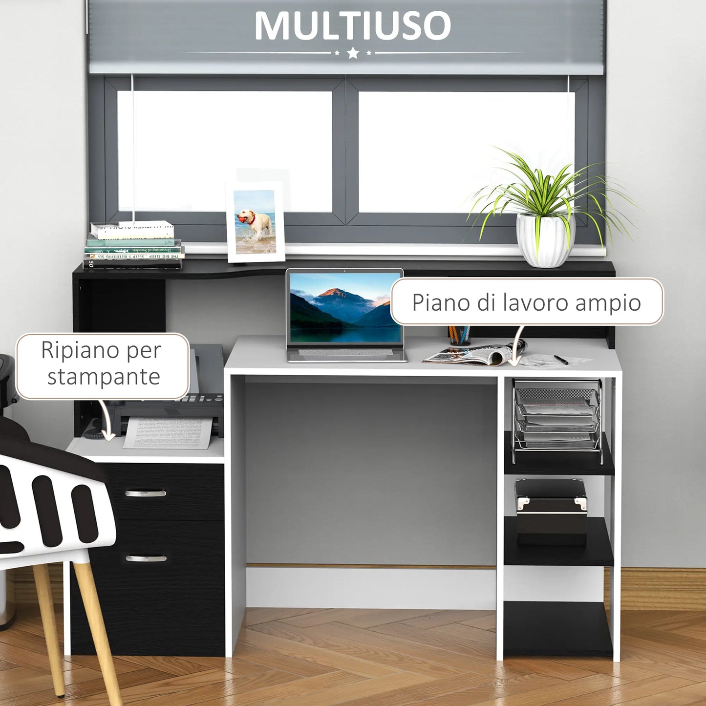 Office Desk with Printer Shelf, 2 Drawers and 3 Shelves, in Black and White MDF, 137 x 55 x 92cm