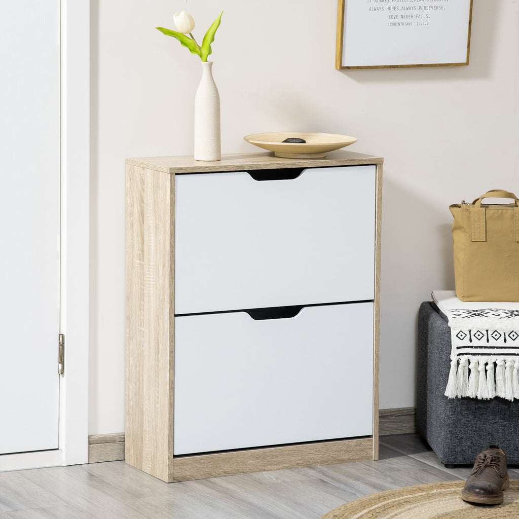 Space Saving Slim 2 Drawer Shoe Cabinet for 8 Pairs of Shoes 62.5x26x81 cm, Wood and White