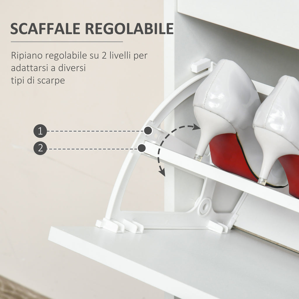 Space-Saving Wooden Shoe Rack with 4 Flap Drawers and Adjustable Shelf for 16 Shoes, 98x24x83cm, White