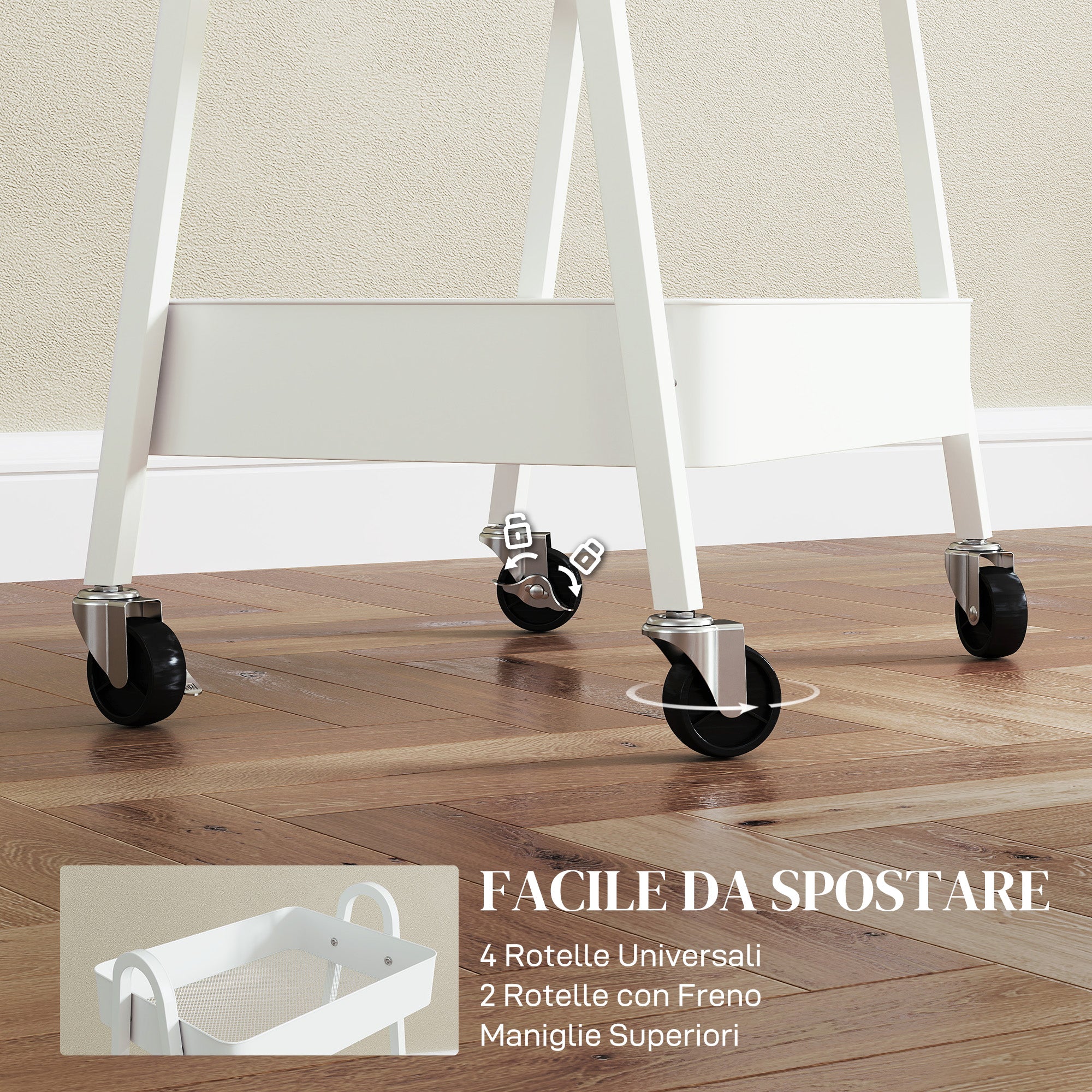 Multipurpose 3-Tier Kitchen Trolley, Swivel Wheels with Brake and Handles, White