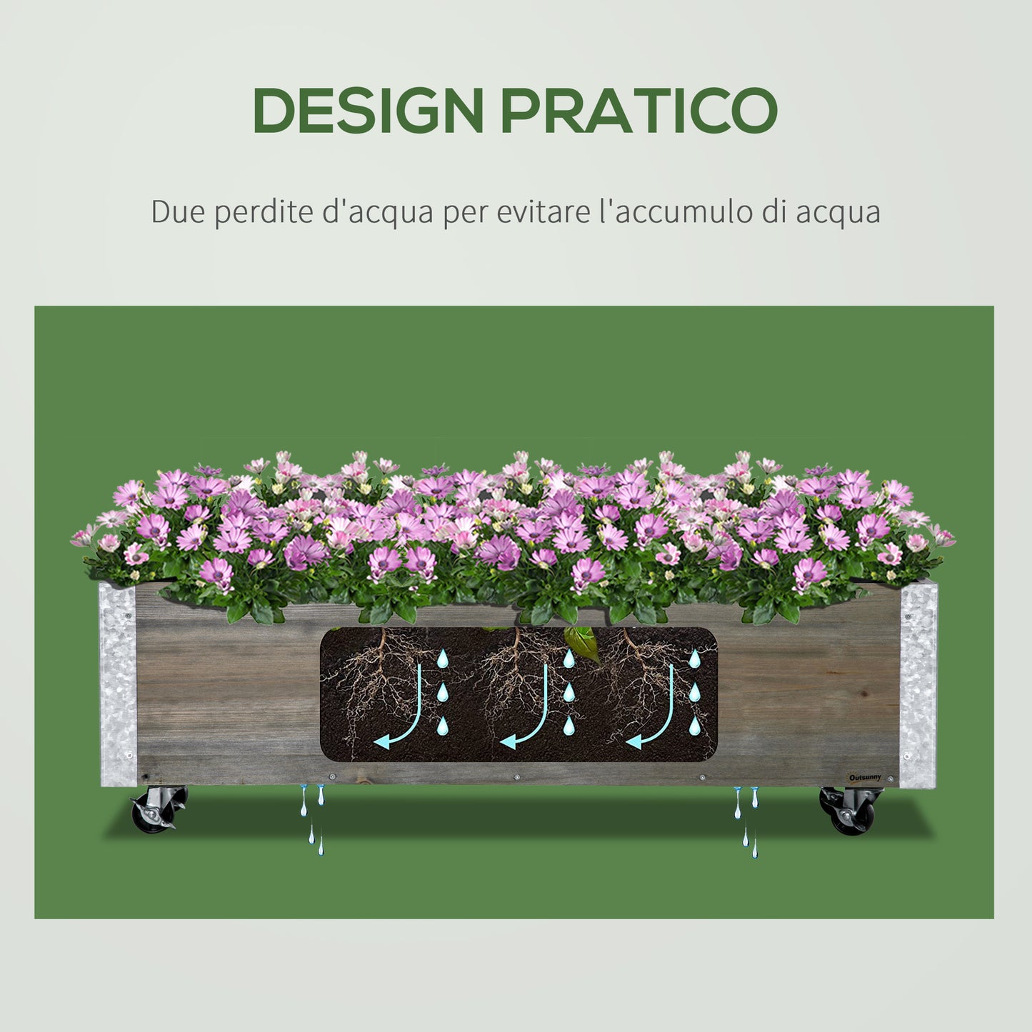 Rectangular Fir Wood Planter with Wheels and Brake, 96x30.6x30 cm, Grey