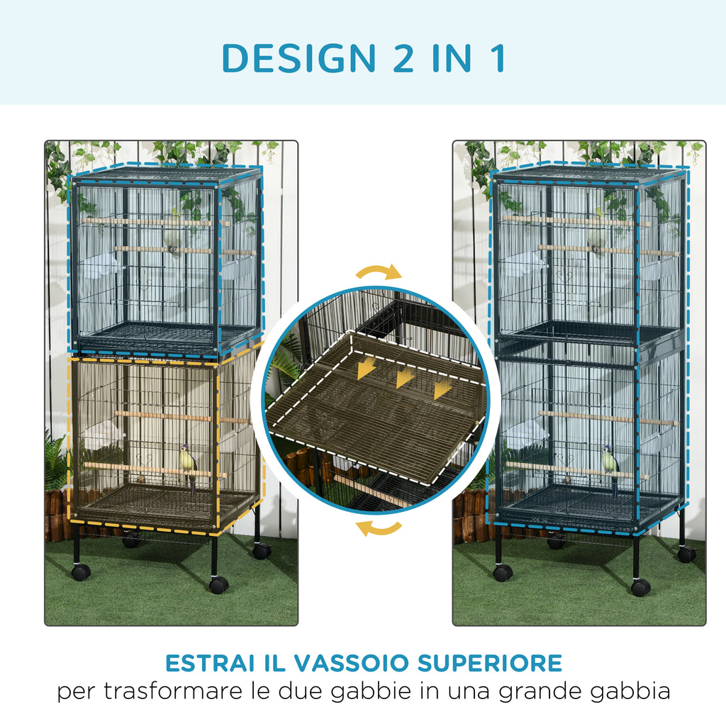 Indoor Bird Aviary Cage with Wheels and Removable Trays, 51.5x50x140 cm, Black