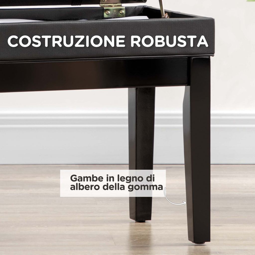 Piano Stool with Adjustable Height and Storage in Wood and Faux Leather, 63x35x46-56cm, Black