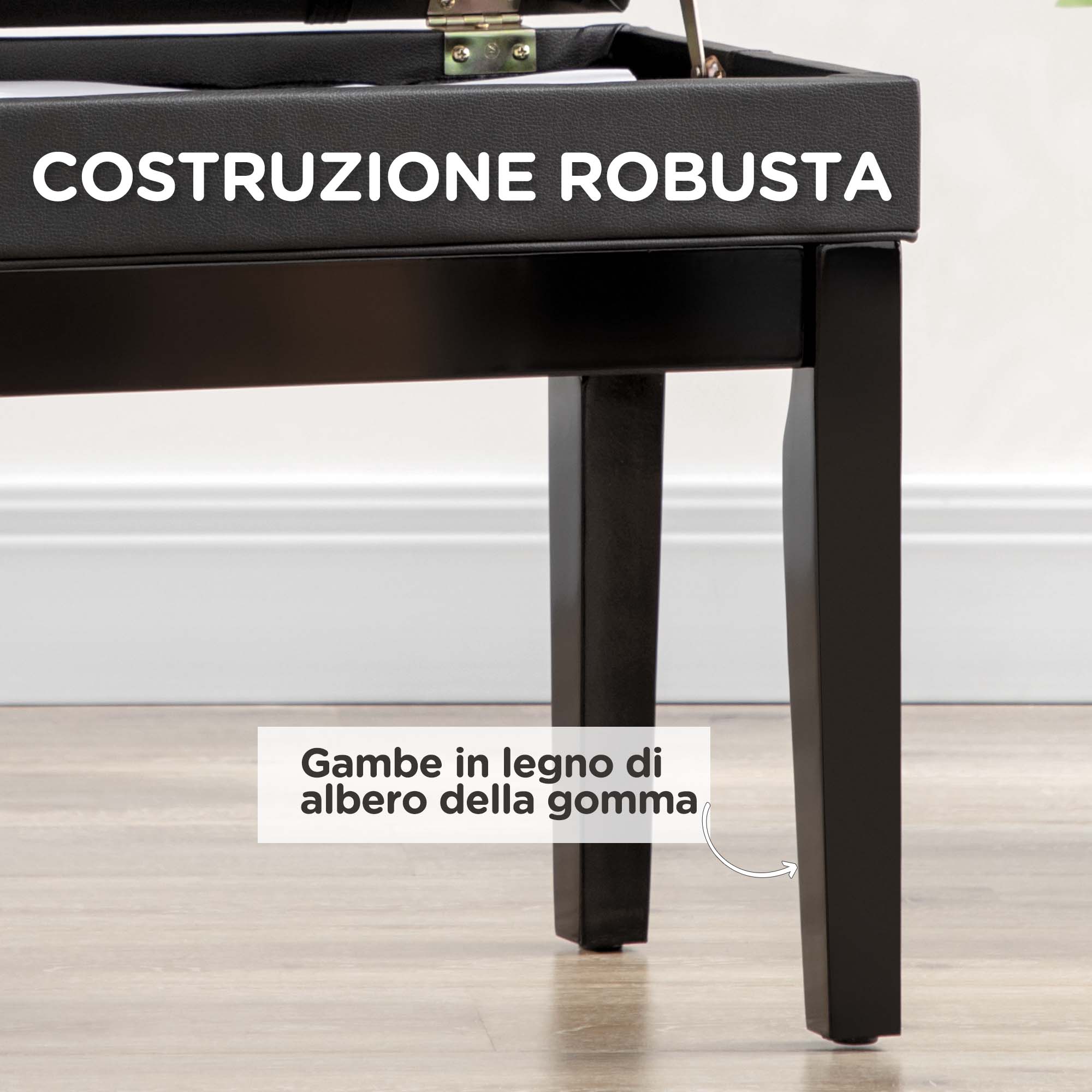 Piano Stool with Adjustable Height and Storage in Wood and Faux Leather, 63x35x46-56cm, Black