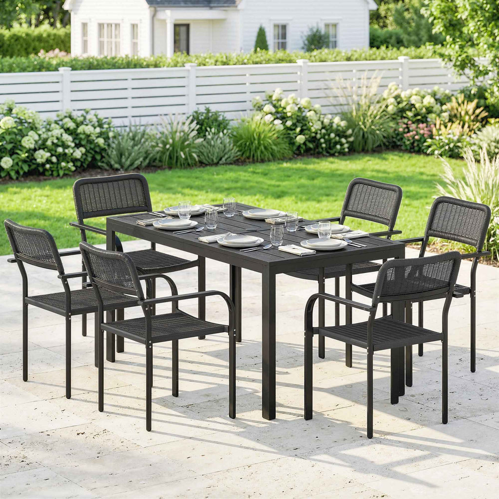 Outsunny Outdoor Dining Set, Table with Umbrella Hole and 6 Chairs, Black
