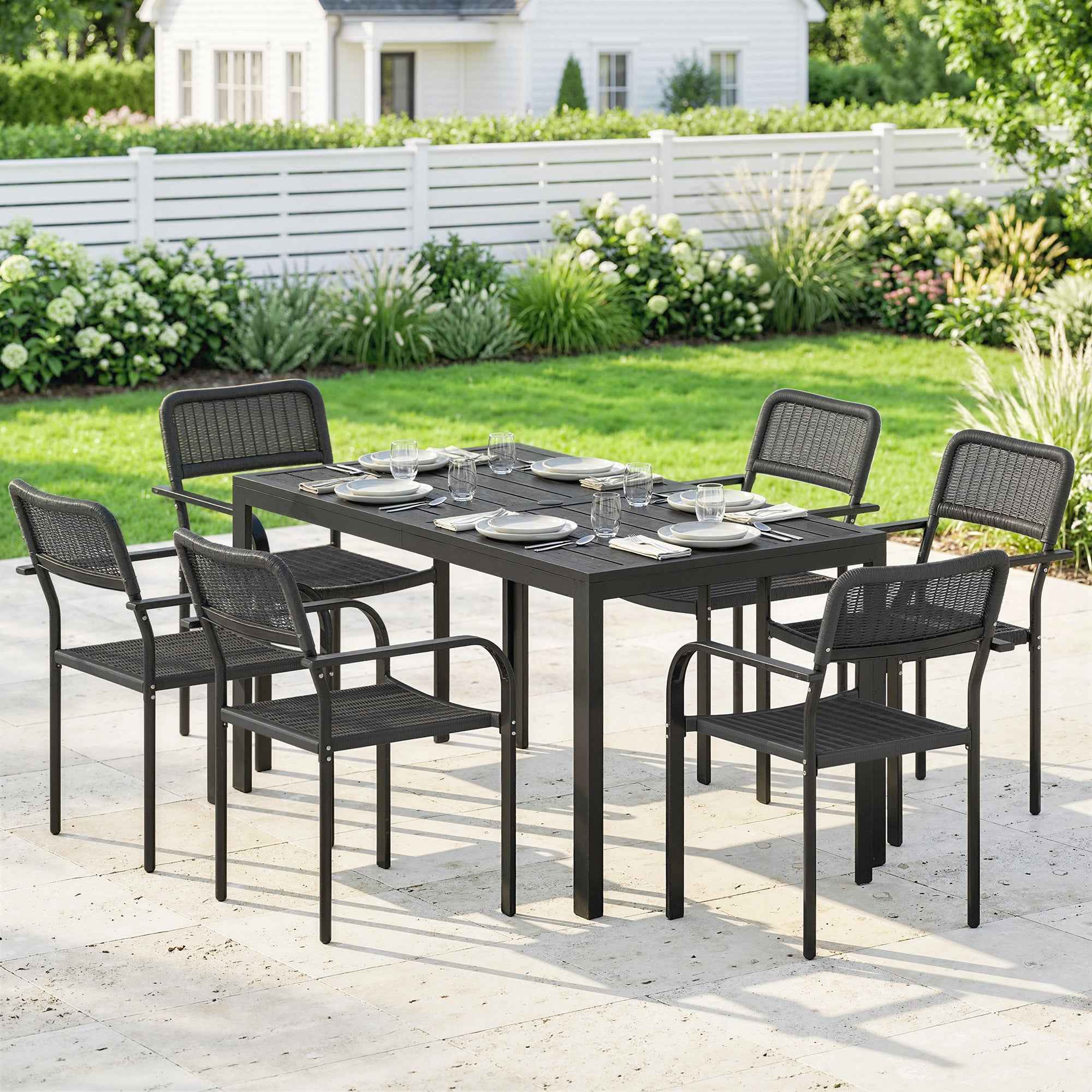 Outsunny Outdoor Dining Set, Table with Umbrella Hole and 6 Chairs, Black