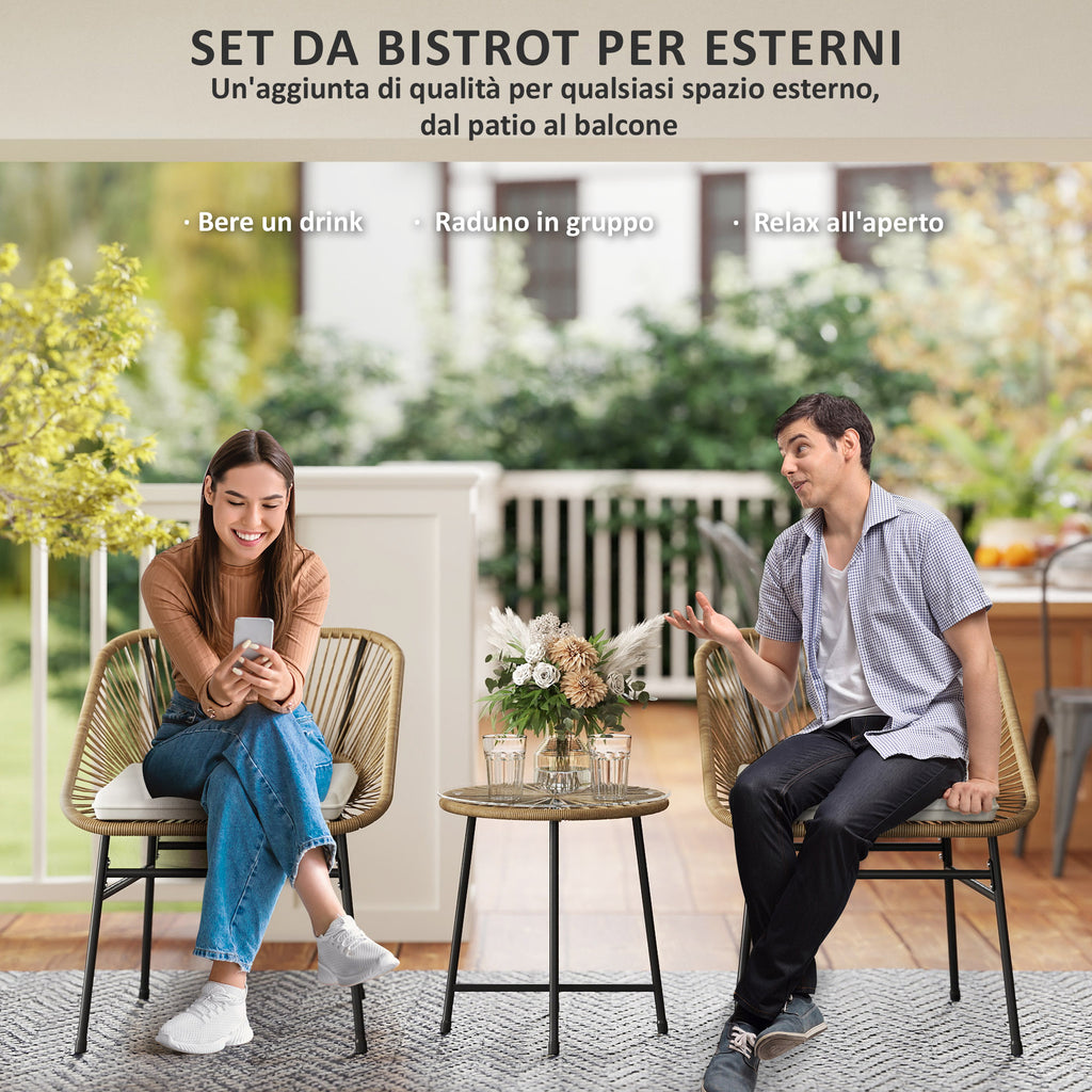 3 Piece PE Rattan and Steel Garden Set with 2 Chairs with Cushions and Round Table, Multicolor