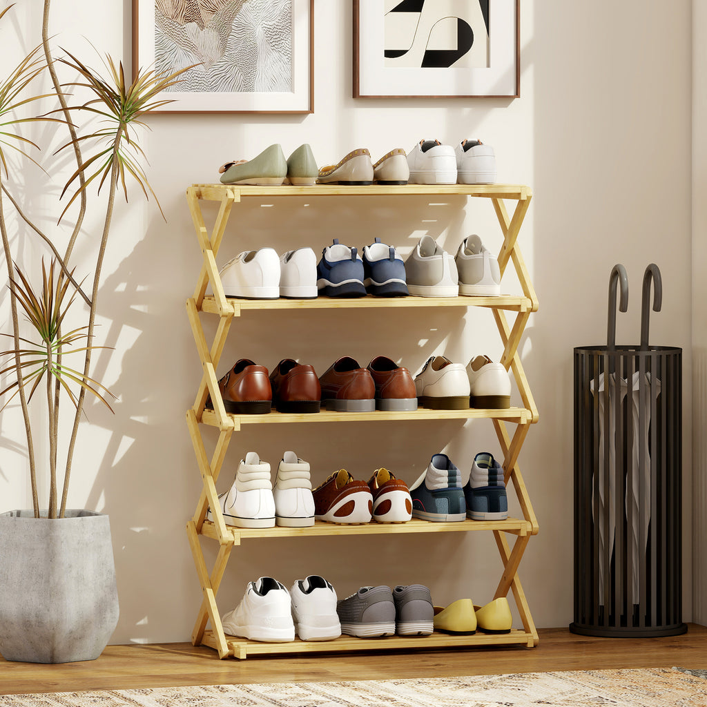 5-Tier Folding Shoe Rack, Ready-to-Use, Bamboo, 60x29x88 cm, Wood Color
