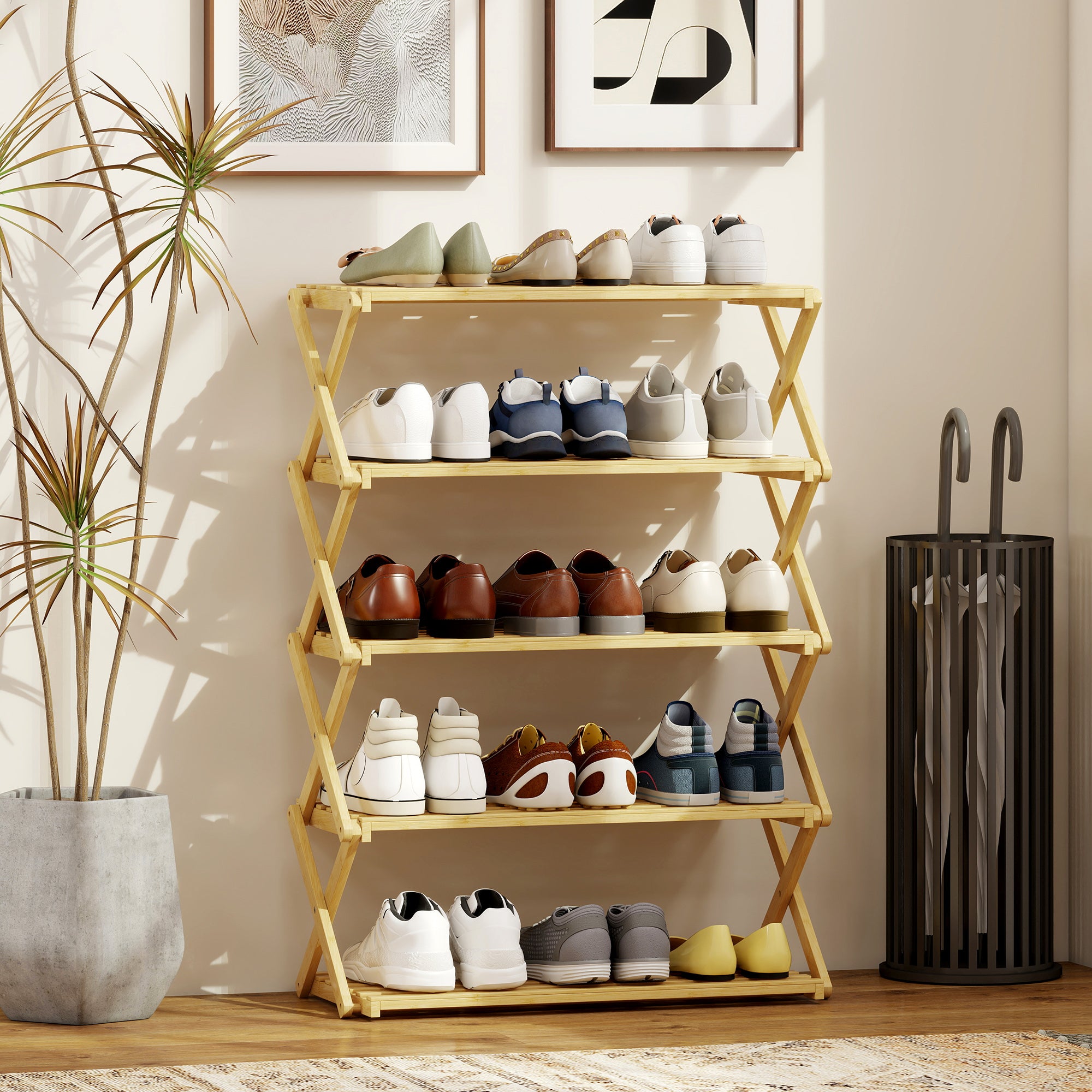 5-Tier Folding Shoe Rack, Ready-to-Use, Bamboo, 60x29x88 cm, Wood Color