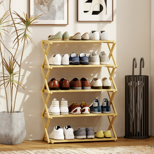 5-Tier Folding Shoe Rack, Ready-to-Use, Bamboo, 60x29x88 cm, Wood Color